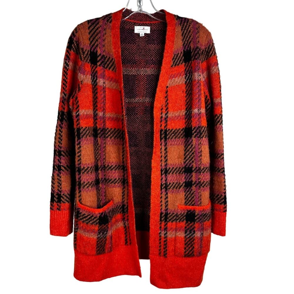 Lucky Brand Oversized Cardigan Womens S/P Orange Brown Plaid earthy‎ granny